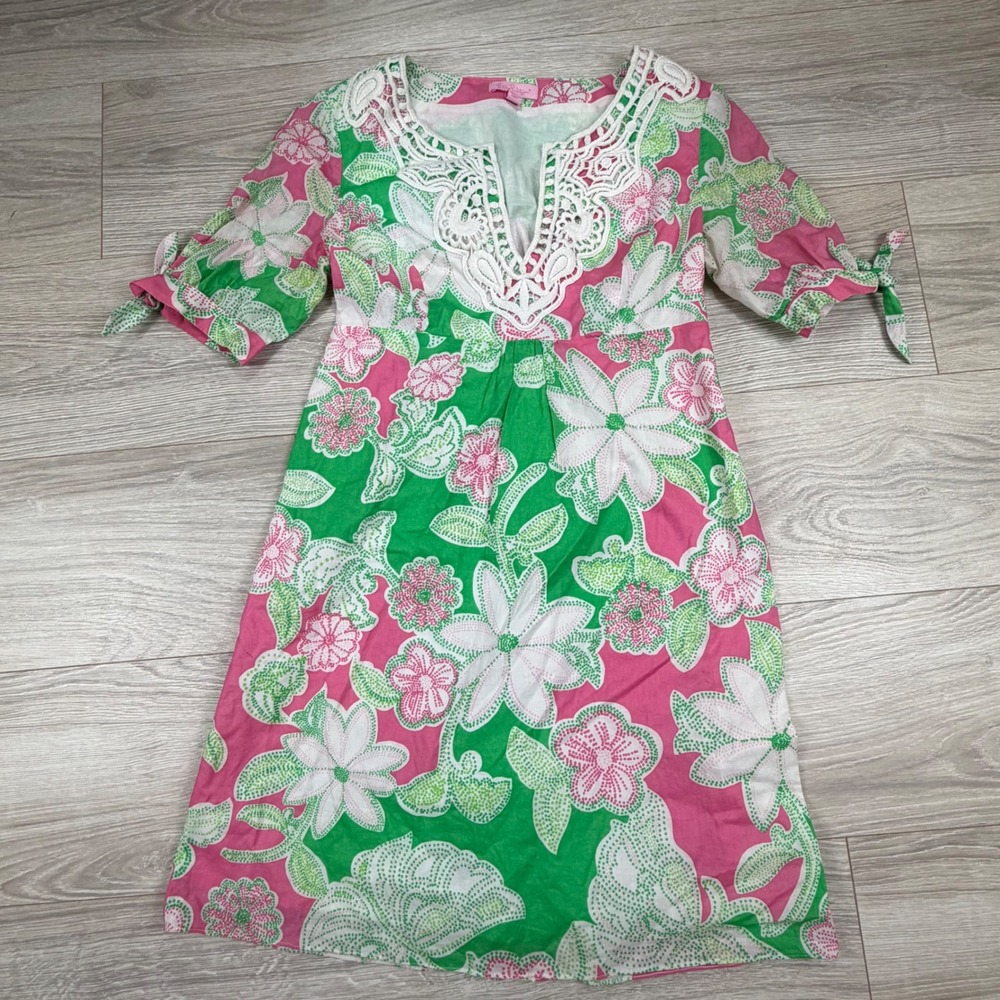 Lilly Pulitzer Pink Green Floral Cotton Lace Neck Tie Sleeve Shift Dress Size 2